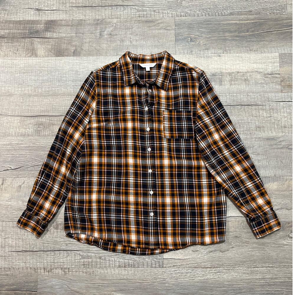 Garnet Hill Flannel Long Sleeve Button Up Shirt Size 10 Plaid Cotton Boho Top